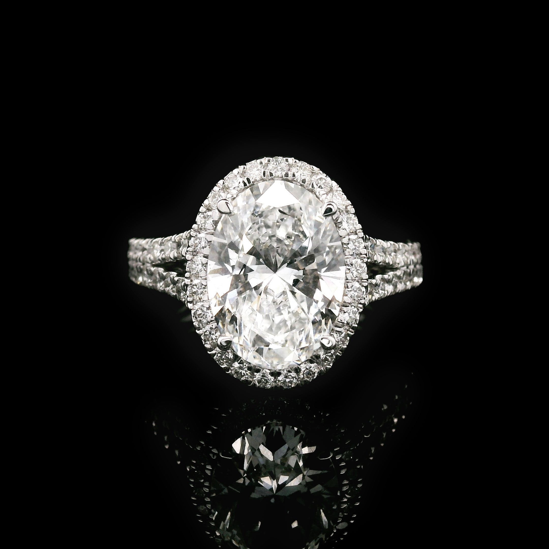 3 carat lab created oval diamond with halo and split shank